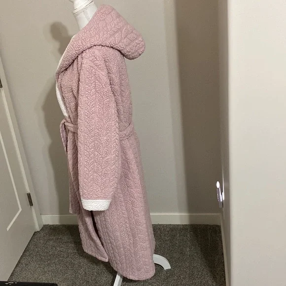 Women's Preloved L/XL Mauve Pink & White Hooded Long Robe! - Picture 3 of 15